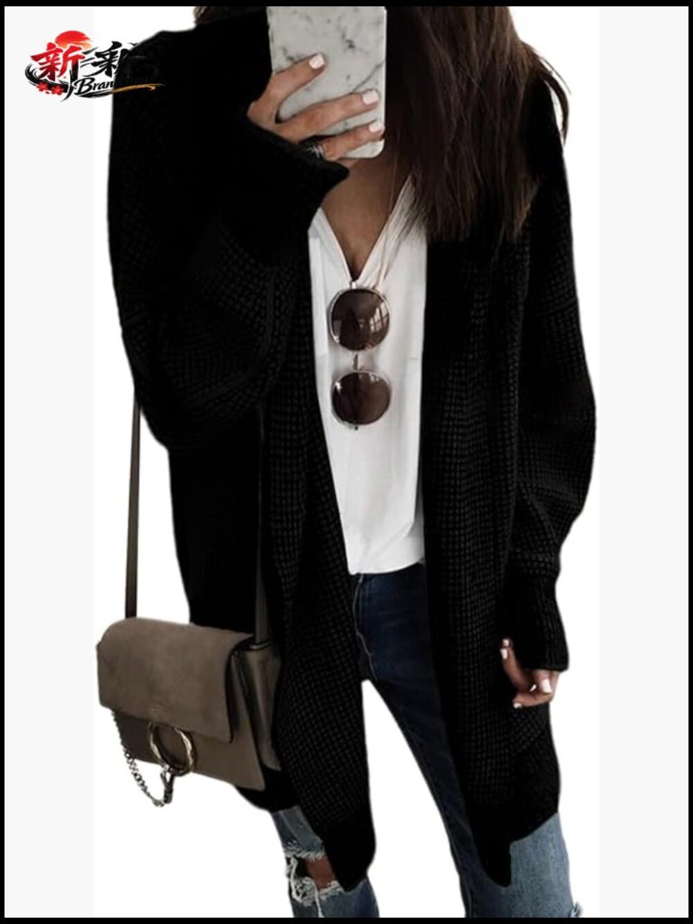 Oversized Long Sleeve Open Front Cardigan Sweater Chunky Knit Checkered Fall